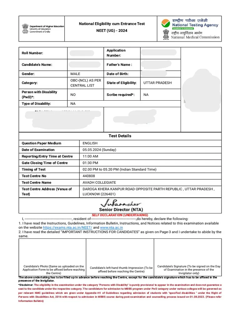 NEET Admit Card Preview